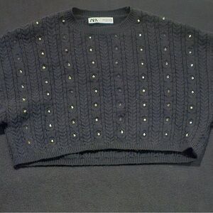 ZARA Women’s Metal Studded Black Knit Crop Top Short Sweater Long Sleeve Size S